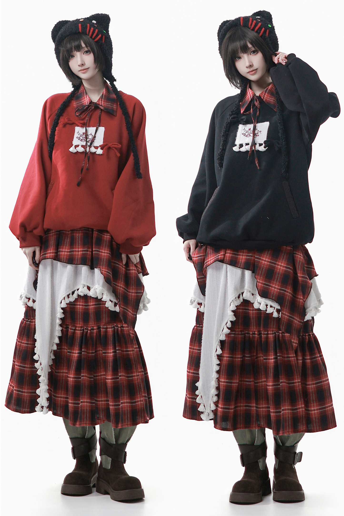 ルーズフリーススウェット+チェックスカート