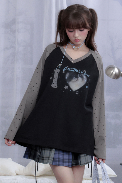 キャットプリントダークラグランロングスリーブトップス