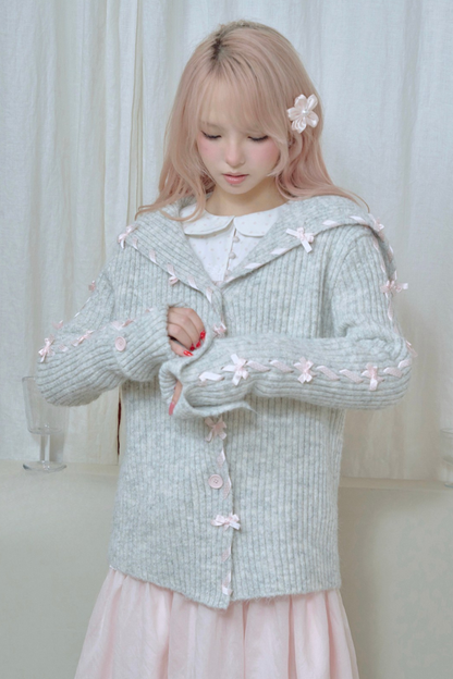 レースアップラインリボンニットカーディガン