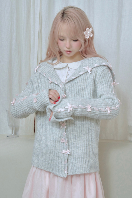 Lace-up Line Ribbon Knit Cardigan