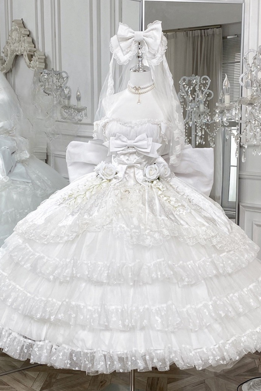 ピュアブライダルロリータドレス+ベール+ウエストベルト