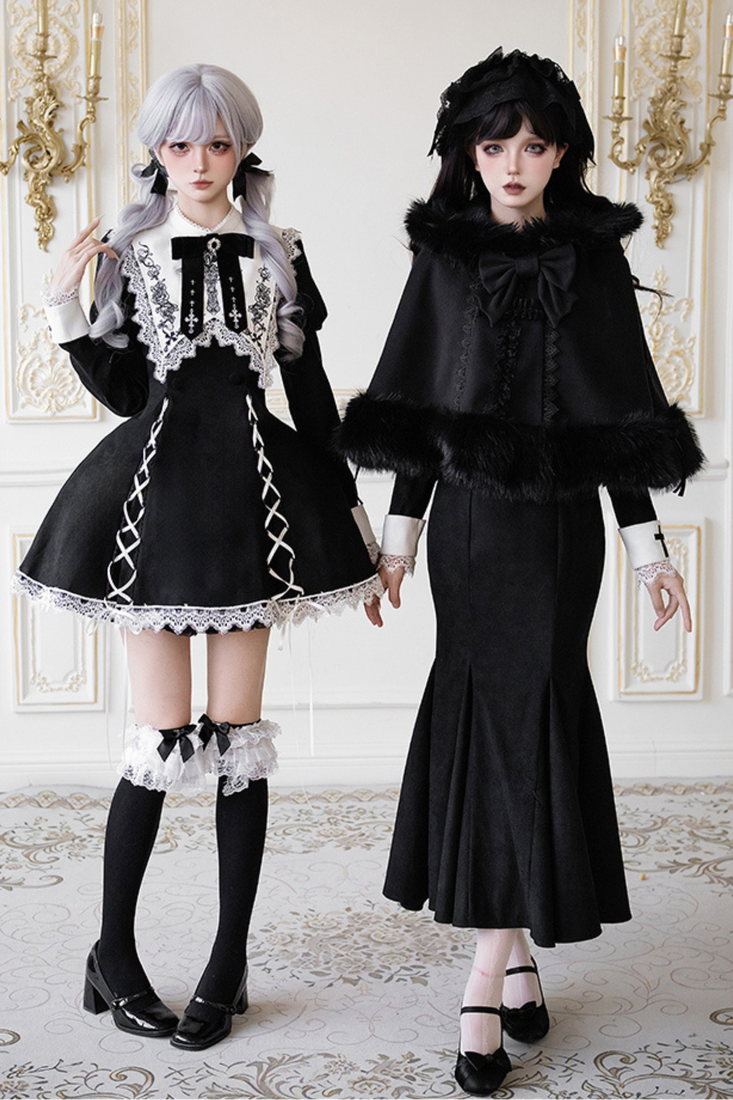 シックマーメイドドレス+レースアップショートドレス+マントコート+カラー+リボンブローチ