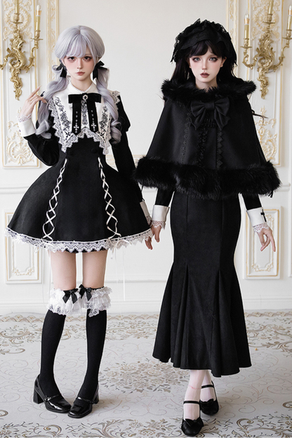 シックマーメイドドレス+レースアップショートドレス+マントコート+カラー+リボンブローチ