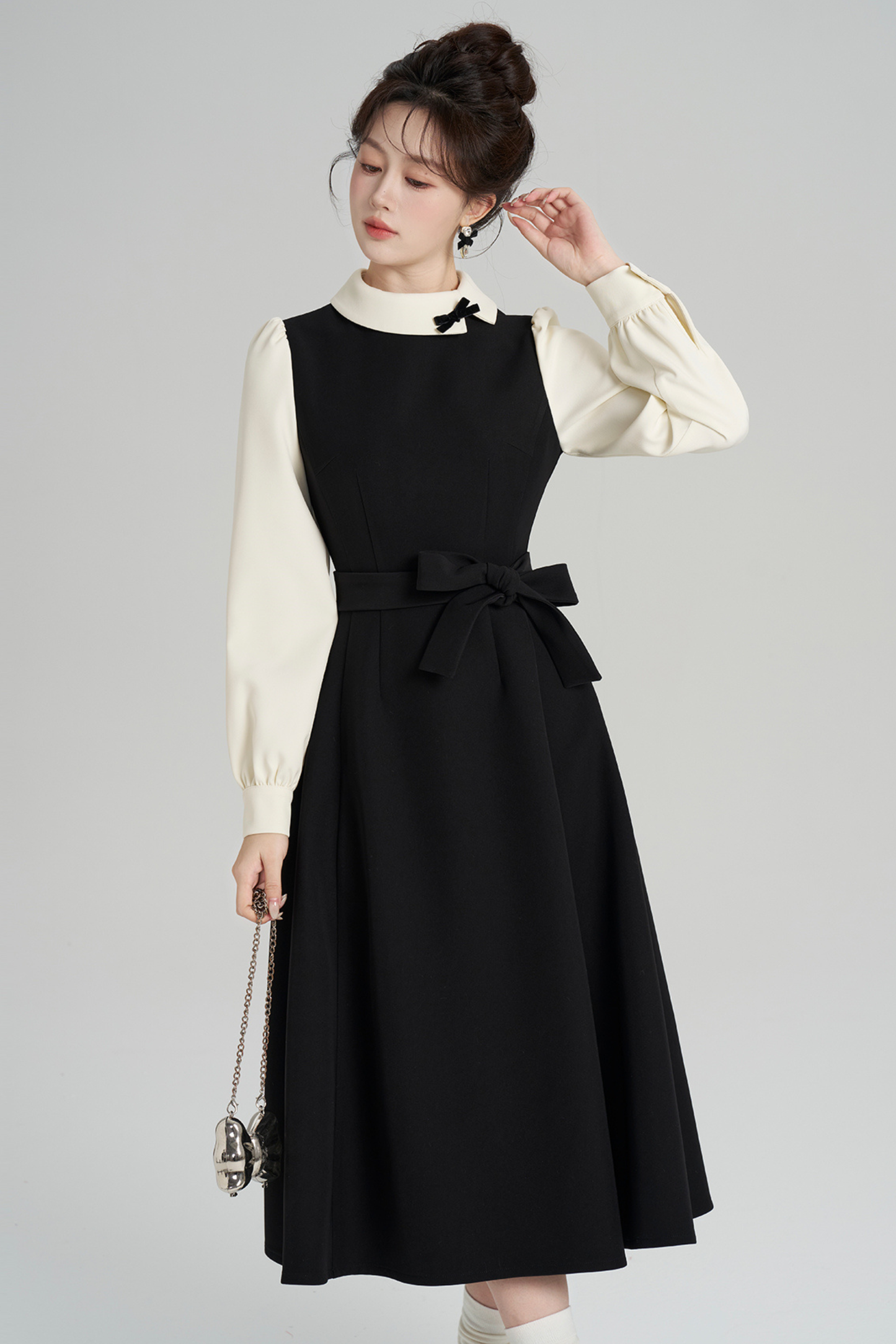 エレガントヘプバーンパッチワークドレス