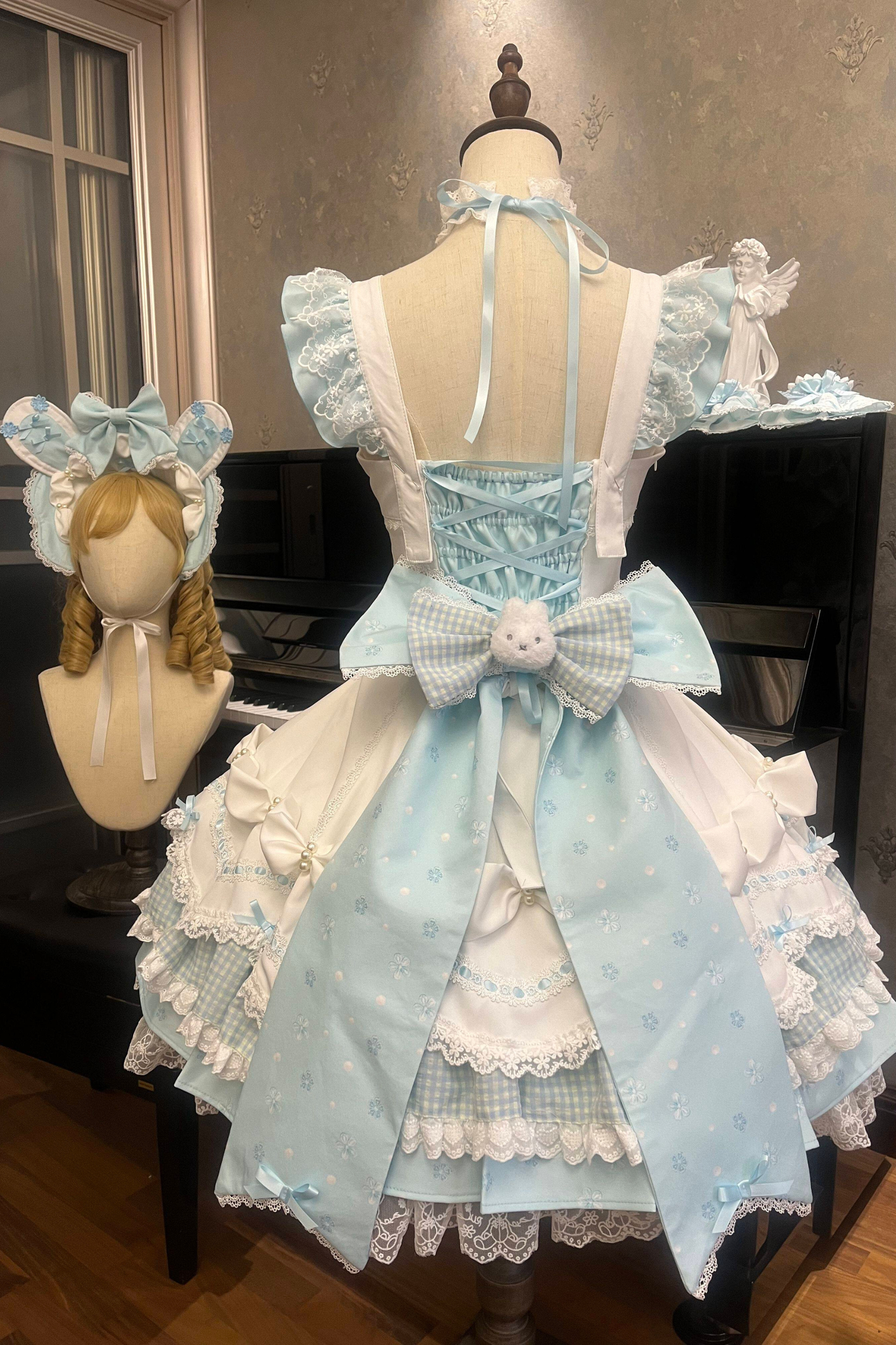 [Pre-order Deadline: April 6] Sweet Ruffled Bunny Lolita Jumper Skirt + Shirt + Headband + Bonnet + Headband + Sleeves + Necklace + Tail