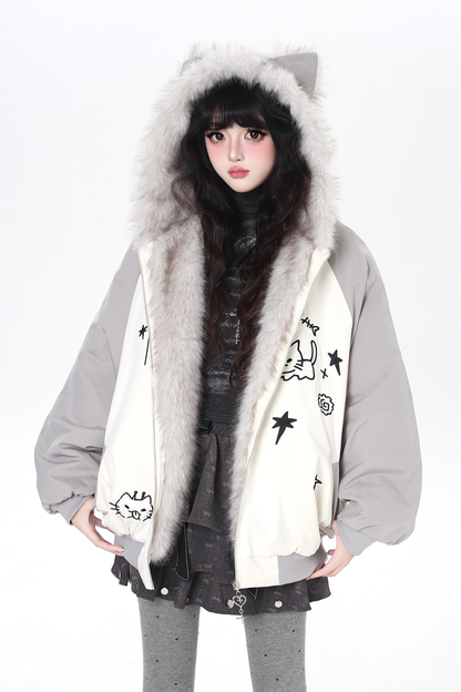 Cat Ear Bicolor Fur Jacket