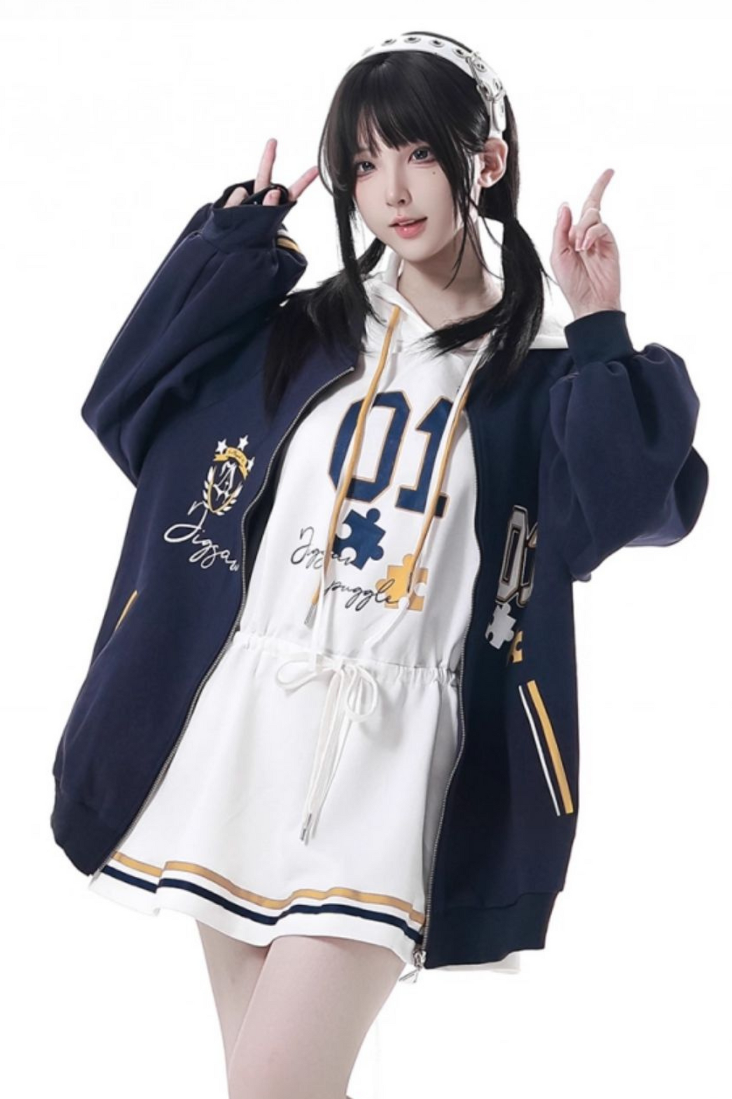 カレッジブルージャケット+フーディードレス+パンツ+スウェット