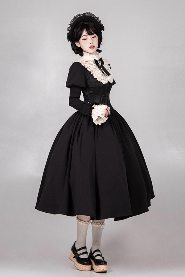 [Pre-Order] Dark Sweet Lolita Dress + Faux Collar + Necklace + Jacket + Ribbon + Sleeve + Fur Shawl