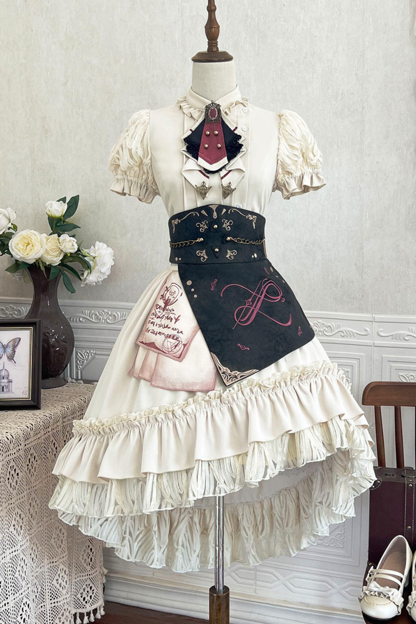 Vintage Lolita Puff Sleeve Top + Asymmetrical Skirt + Corset
