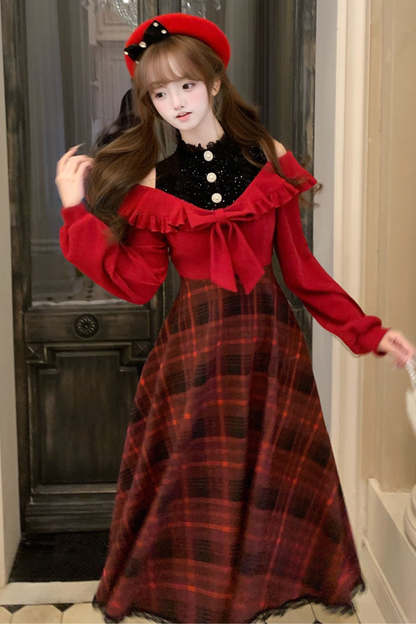 レトロチェックオフショルダードレス