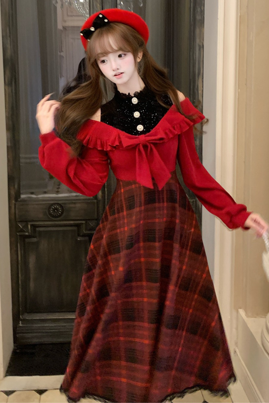 レトロチェックオフショルダードレス