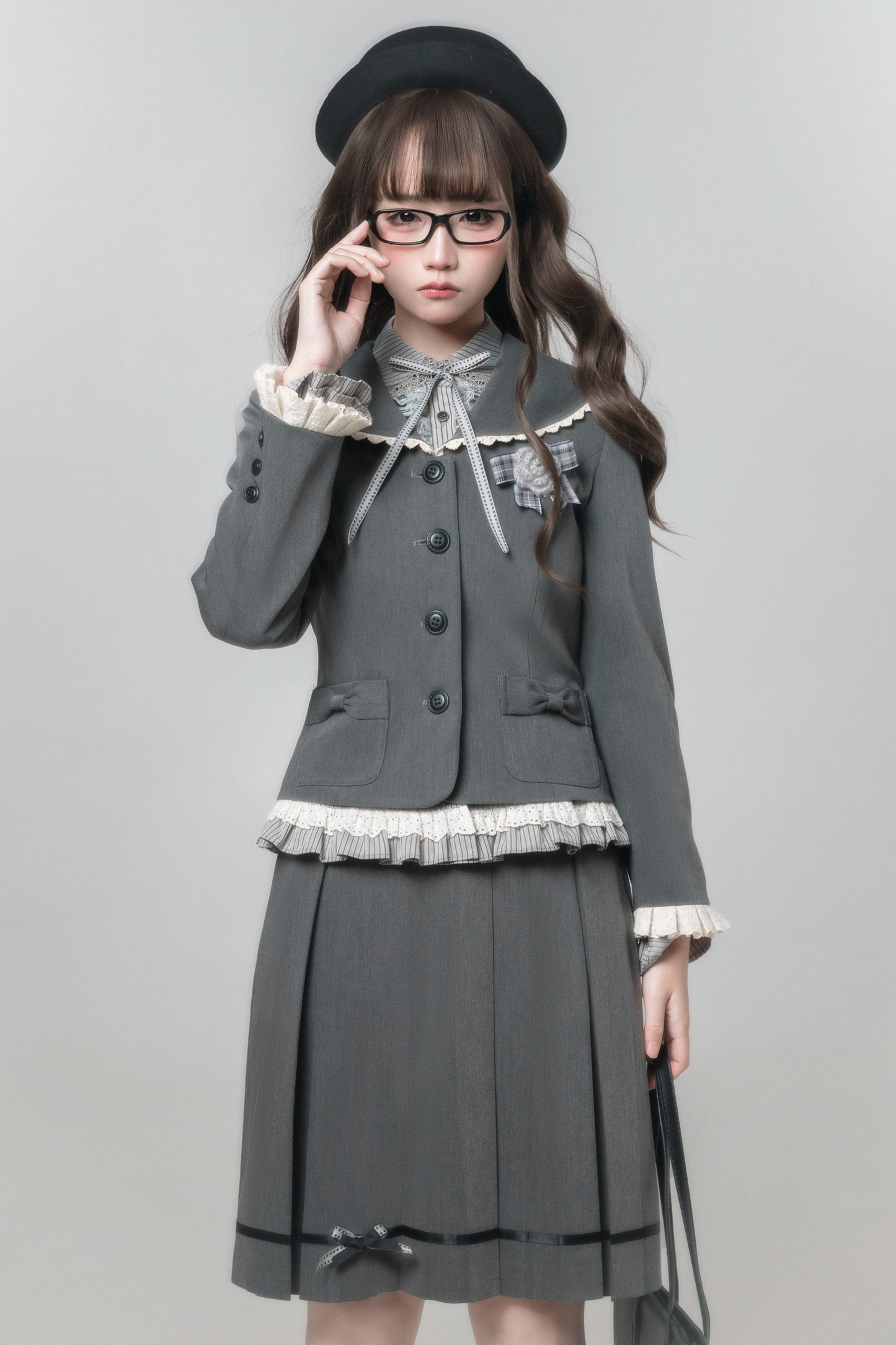 エレガントレトロカレッジジャケット+シャツ+スカート+ブローチ