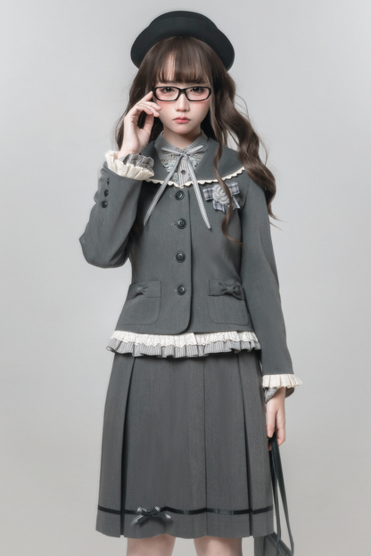 エレガントレトロカレッジジャケット+シャツ+スカート+ブローチ