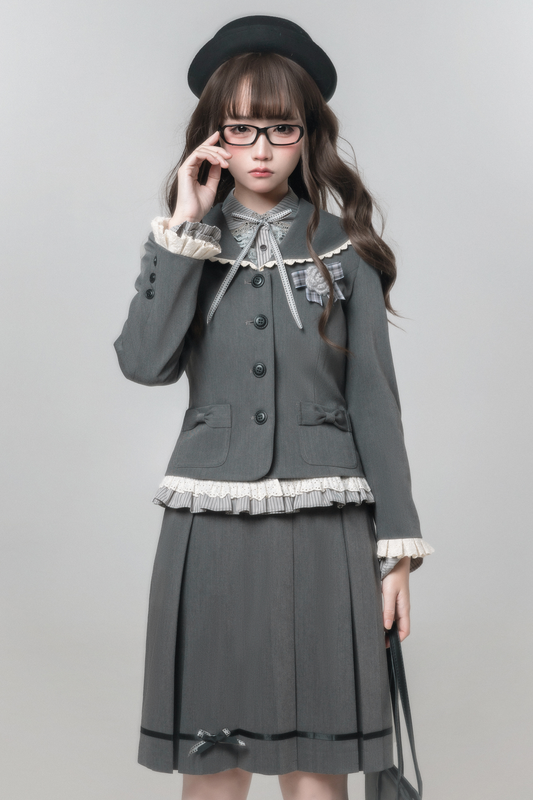 エレガントレトロカレッジジャケット+シャツ+スカート+ブローチ