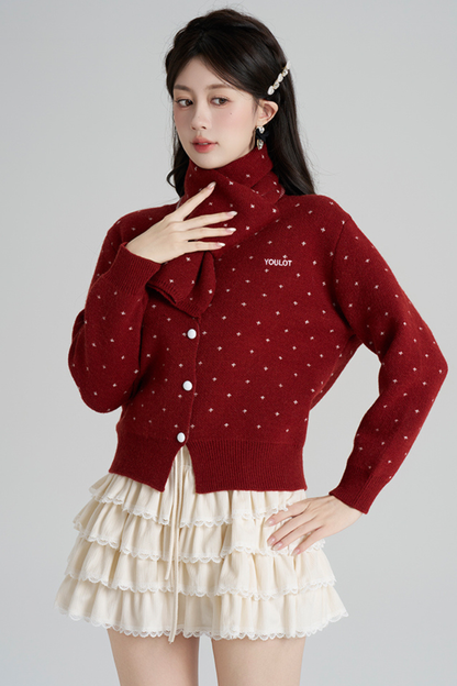 フレンチスタイルドットマフラー付きンカーディガン