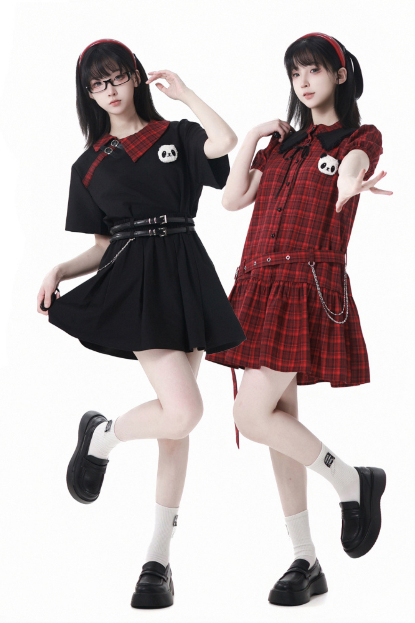 Love Comi Panda Checkered Dress + Pleated Skirt + Cropped Top