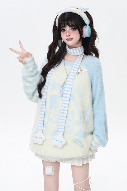 Hooded Loose Top with Striped Asymmetrical Ears