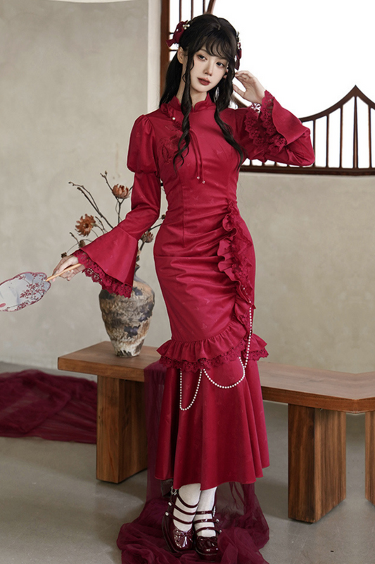 Velvet Fishtail Chinese Dress + Fur Shawl