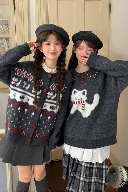キャットニットセーター+スノーフレークカーディガン