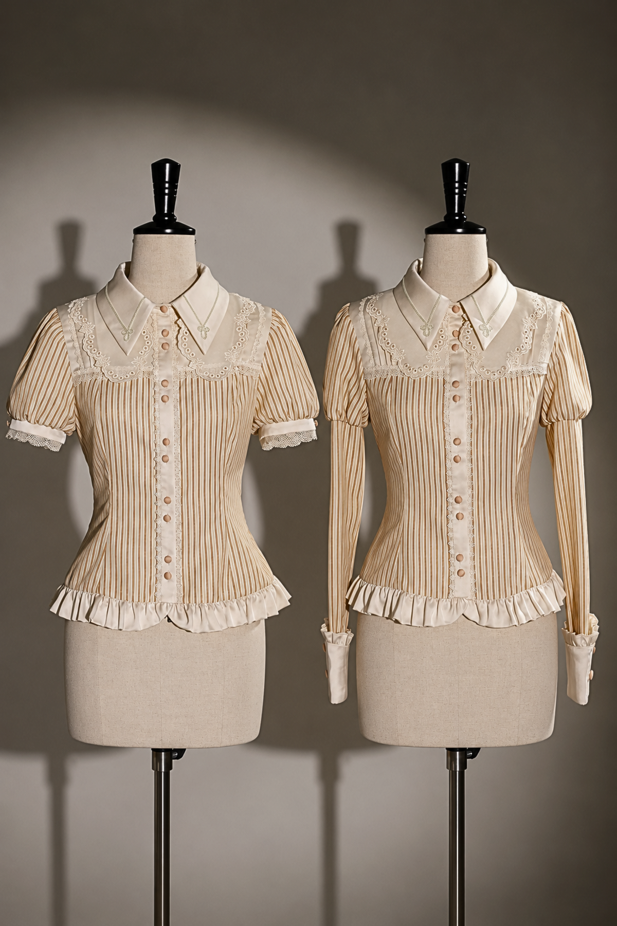 [Reservation Deadline: November 6] Beige Striped Short-Sleeve Lolita Shirt with Beautiful Embroidery and a Layered Lace Collar + Pair of Detachable Long Sleeves + Long-Sleeve Shirt (with Detachable Embroidered Collar)