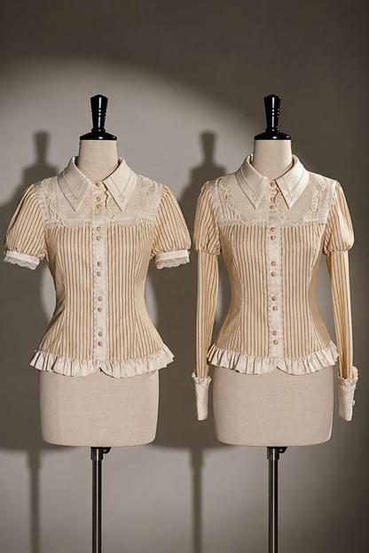 [Reservation Deadline: November 6] Beige Striped Short-Sleeve Lolita Shirt with Beautiful Embroidery and a Layered Lace Collar + Pair of Detachable Long Sleeves + Long-Sleeve Shirt (with Detachable Embroidered Collar)