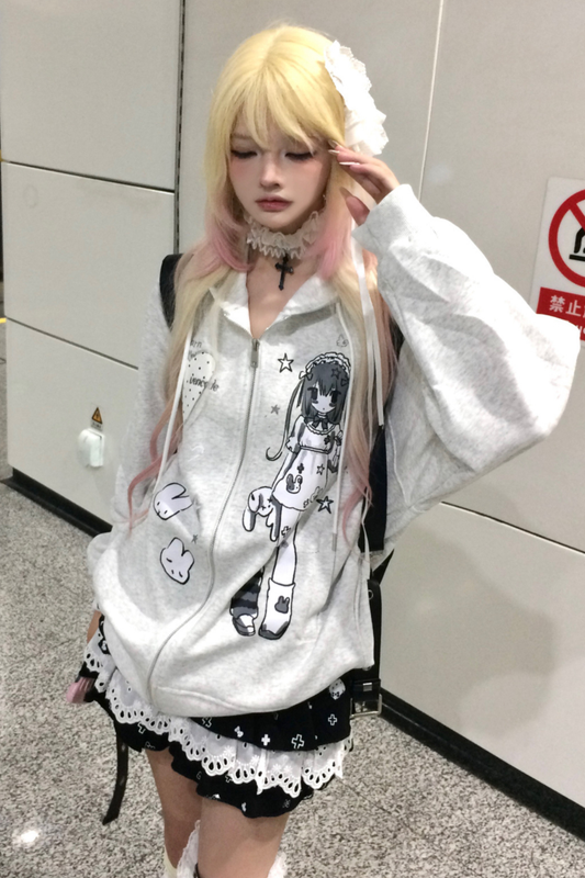 Anime Print Hooded Loose Hoodie