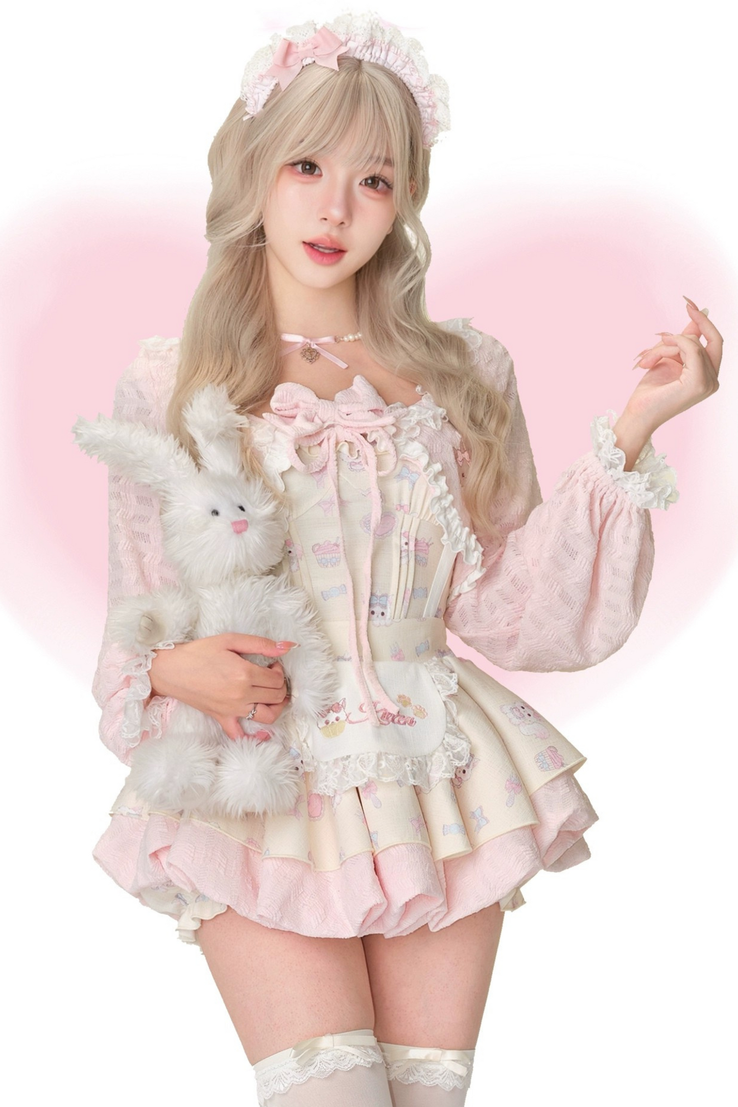 ガーリーリボンキャミソール+カーディガン+サスペンダースカート