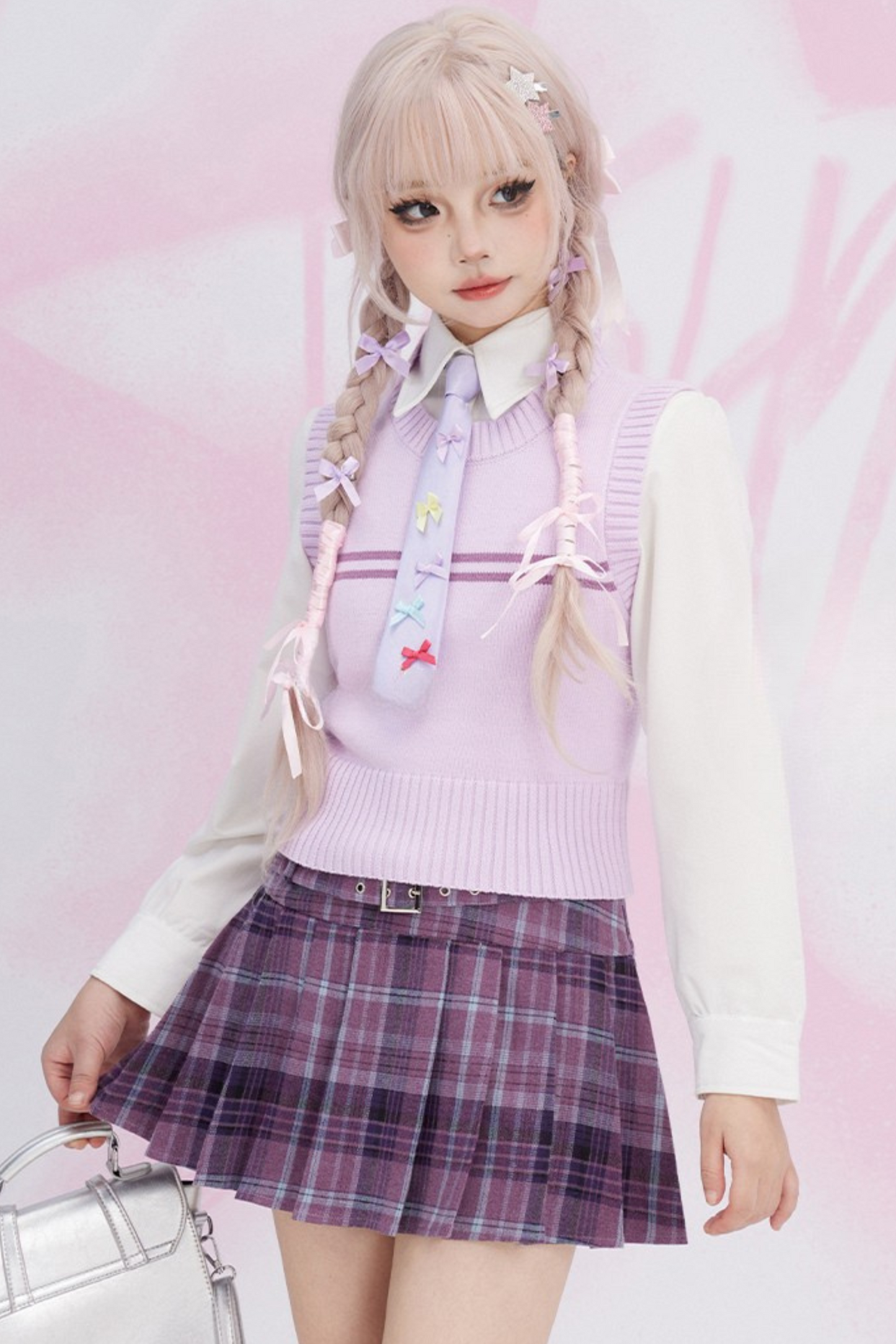 Light-colored subculture college style sweater + checked skirt