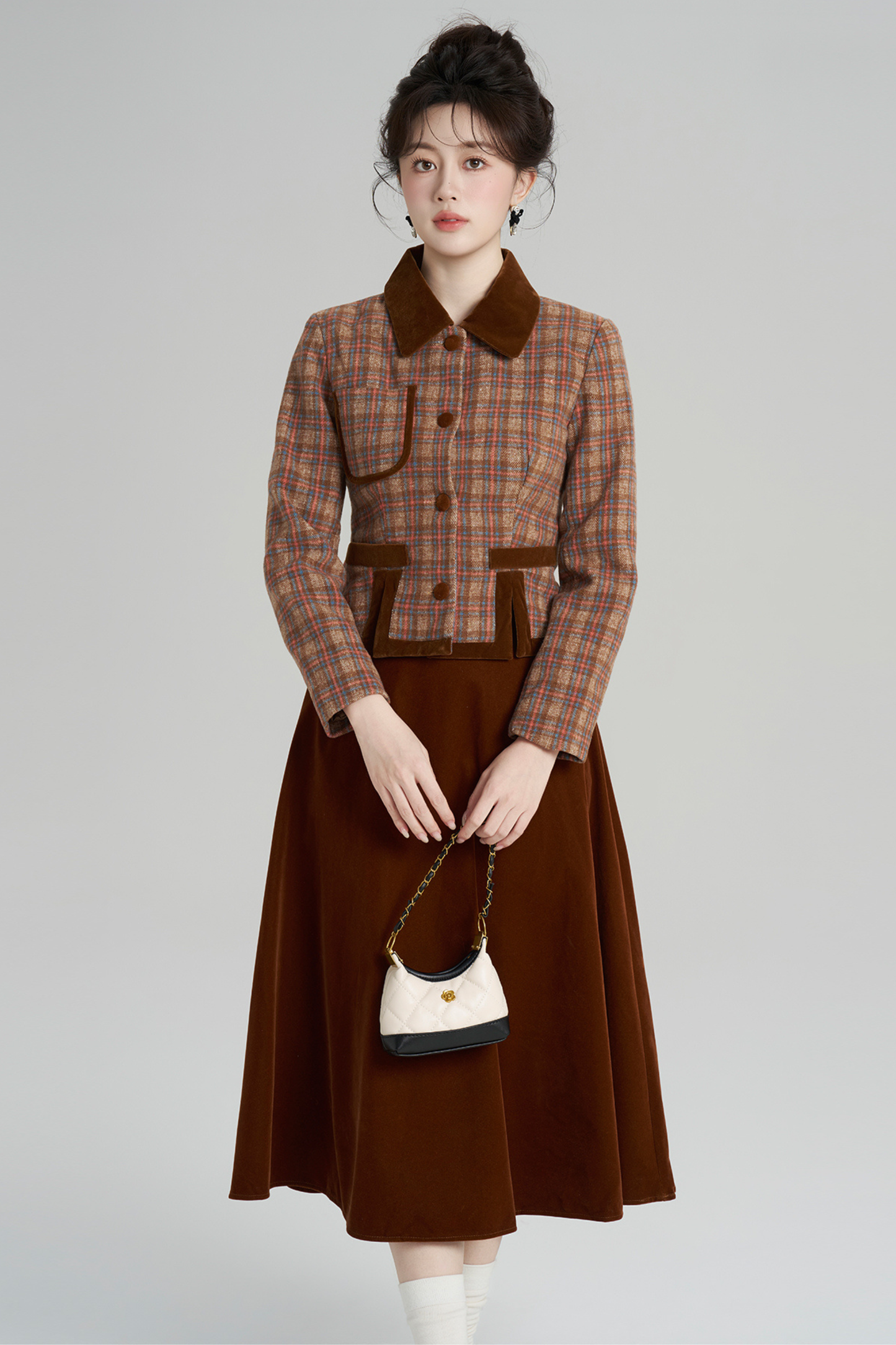 チェックジャケット+レトロプラッドベルベットスカート