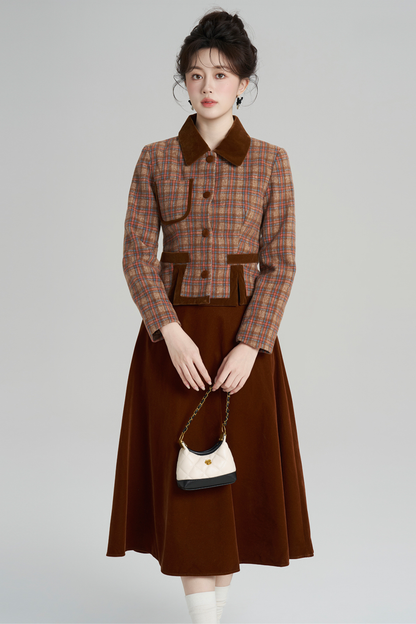 チェックジャケット+レトロプラッドベルベットスカート