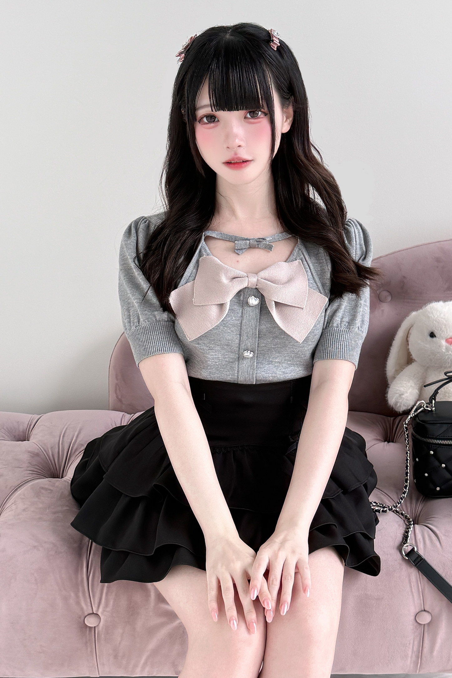 ビッグリボンニットトップス+スカート