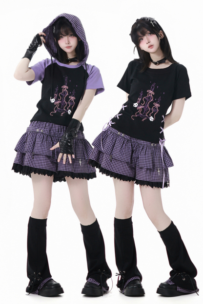 パープルグリッドカラーブロックトップス+フードトップス+パンツ+レッグウォーマー