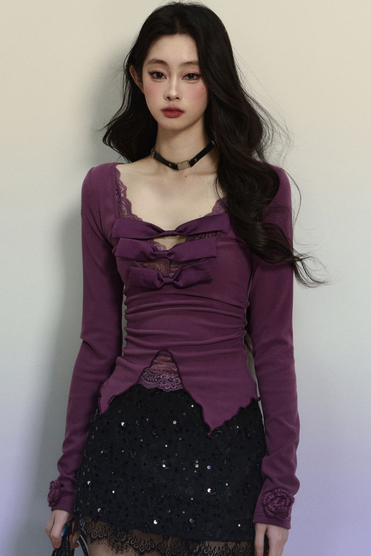 [Reservations] Double Ribbon Neckline Slim Purple Top