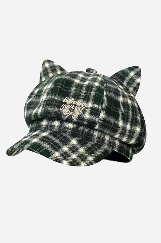 Cat Ear Plaid Octagonal Beret Hat