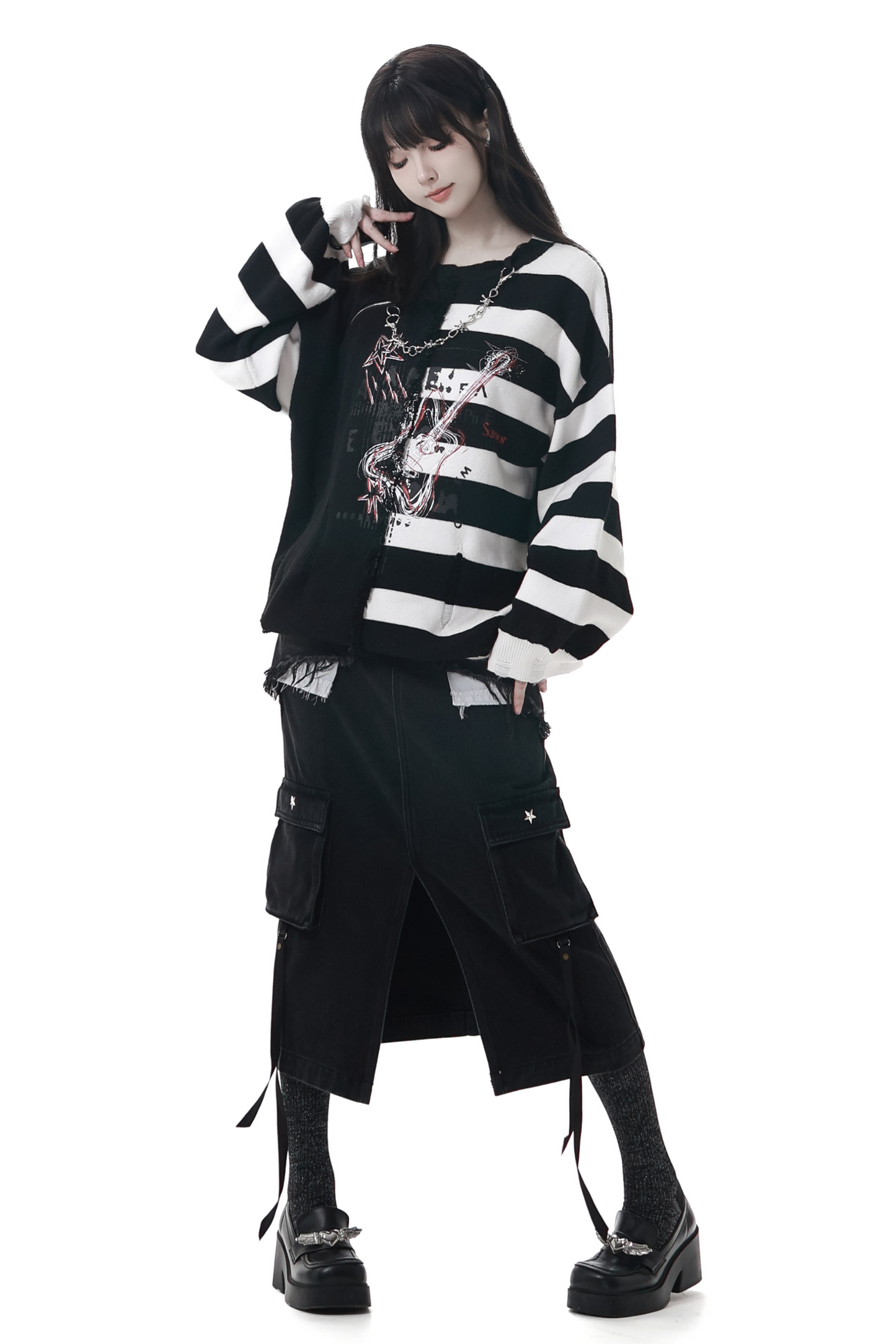 アシメボーダーセーター+デニムスカート