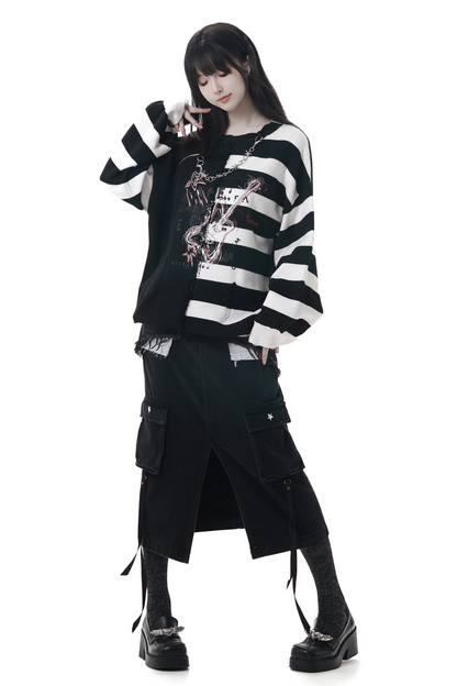 アシメボーダーセーター+デニムスカート