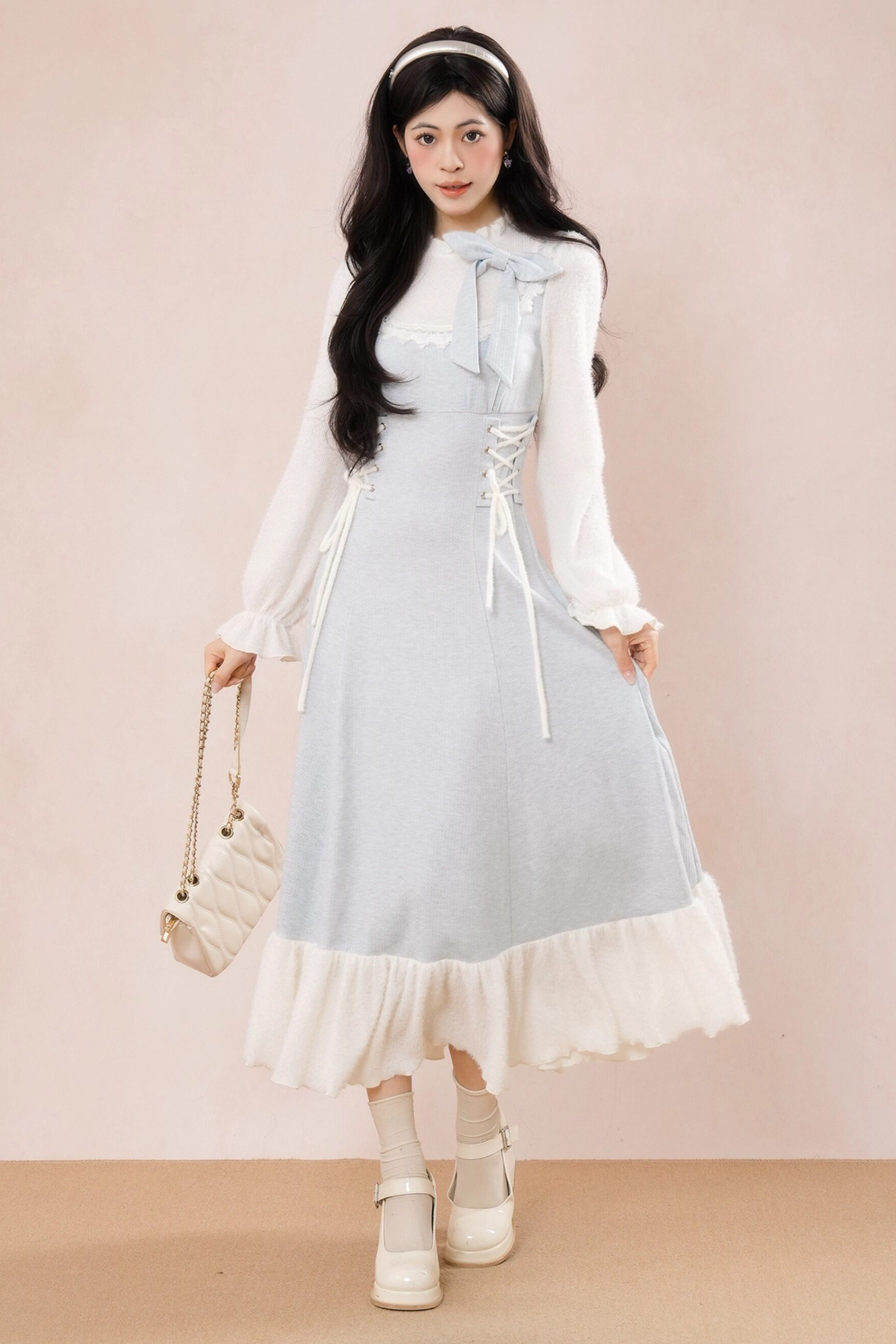 フレンチブルーリボンフリルドレス