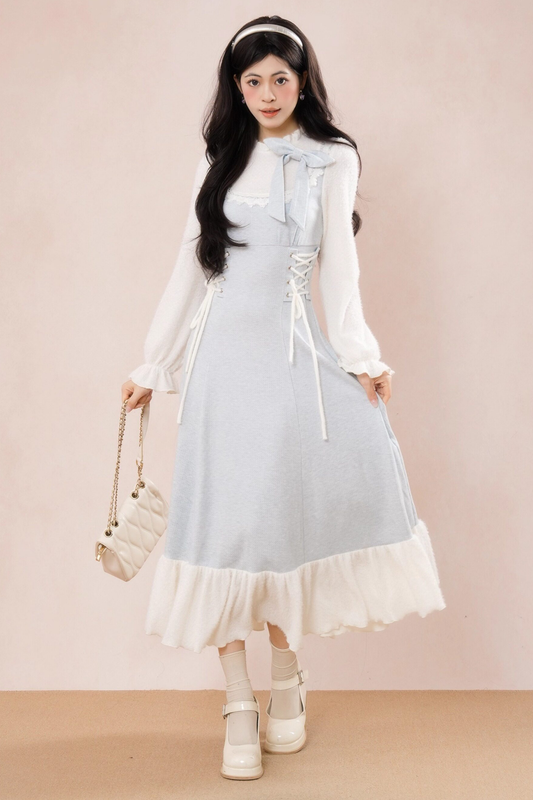 フレンチブルーリボンフリルドレス