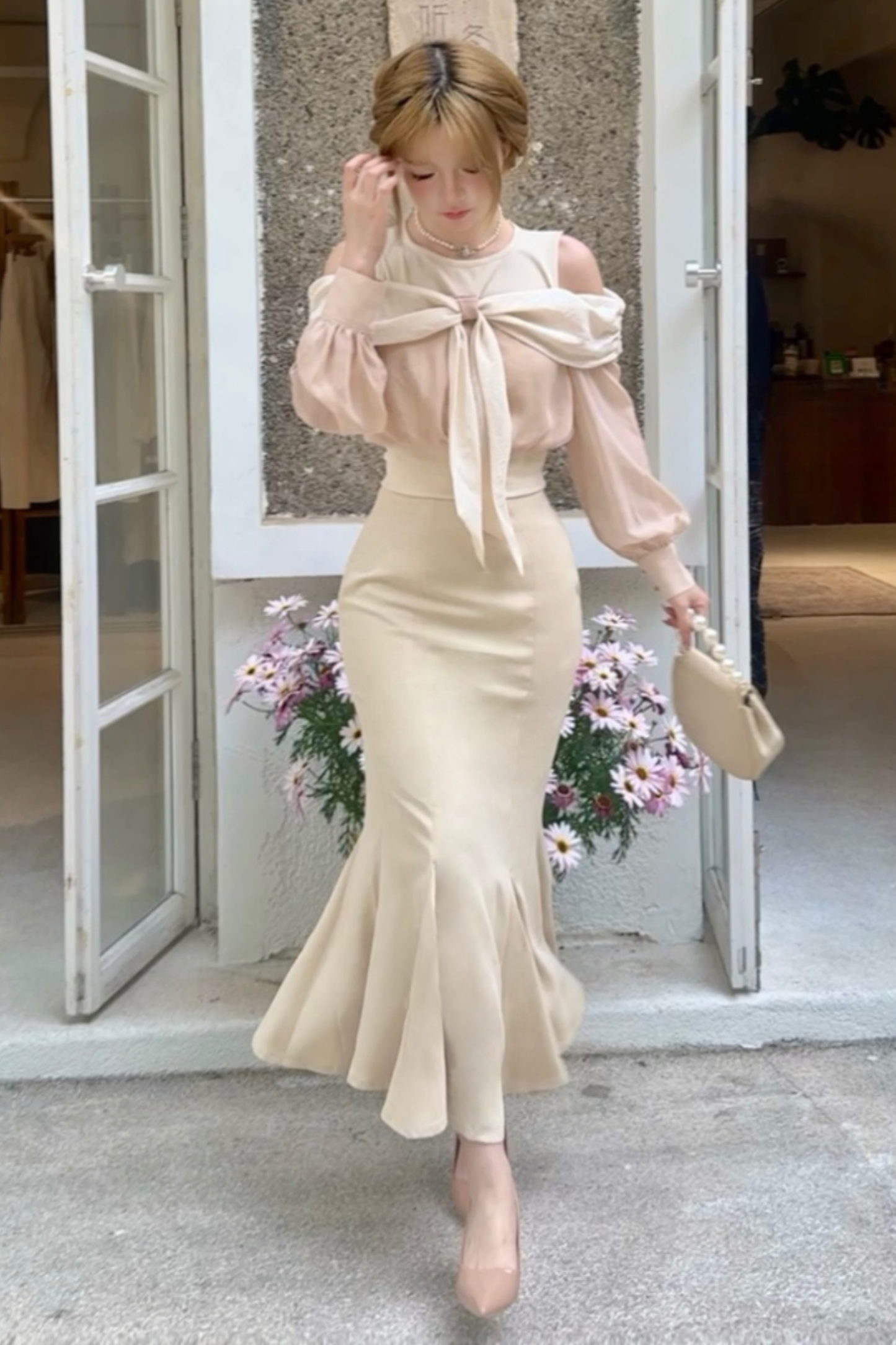 Off-the-shoulder top + mermaid skirt