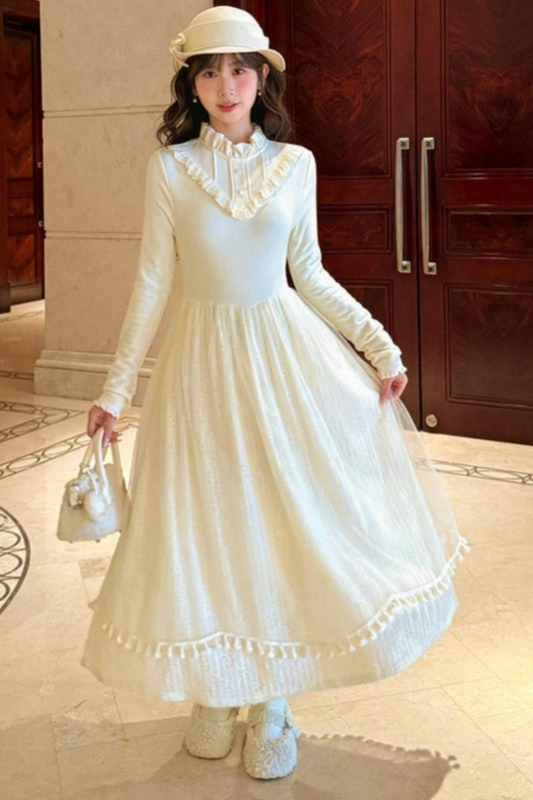 スイートロングピュアホワイトロングドレス