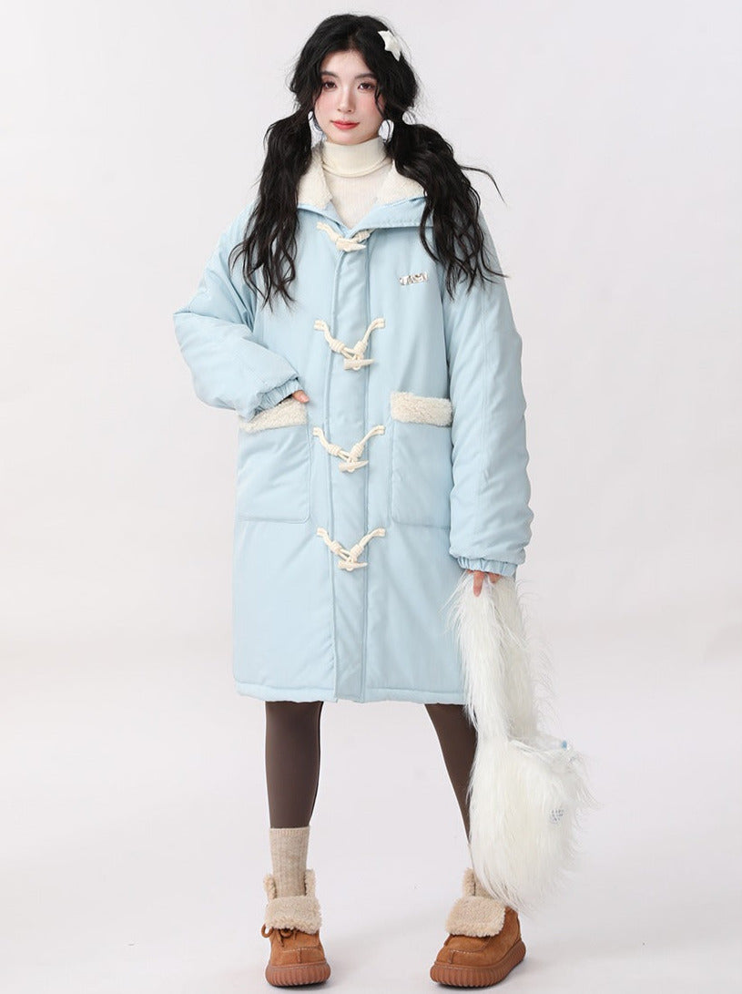 Horn Button Lamb Wool Splicing Hooded Cotton Coat