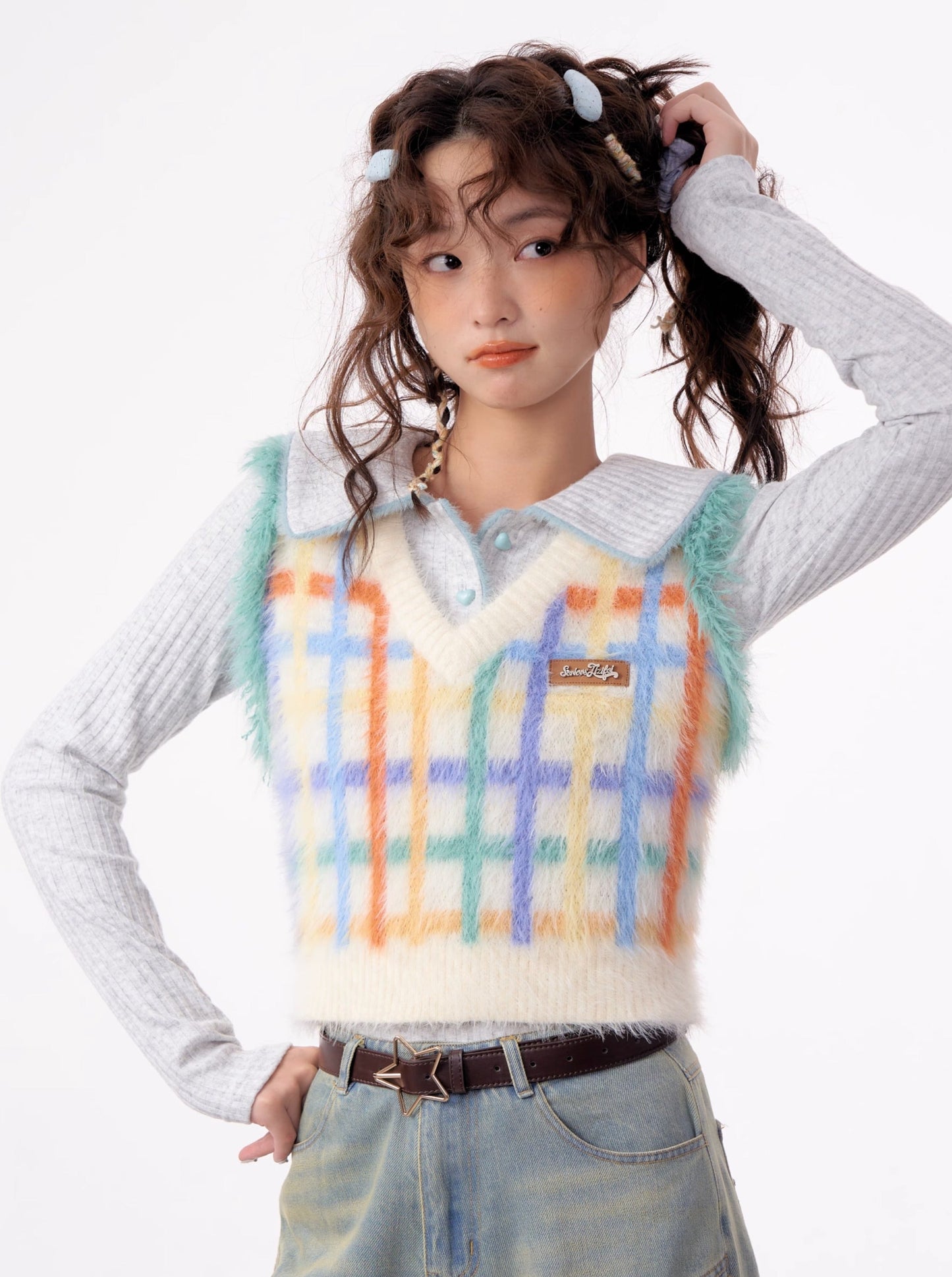 American Retro Colorful Check V-Neck Fur Vest