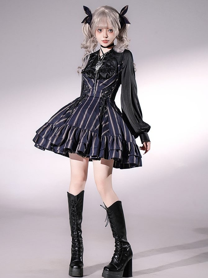 【12月29日予約締切】ゴシックロリータストライプバッククロスフリルサスドレス