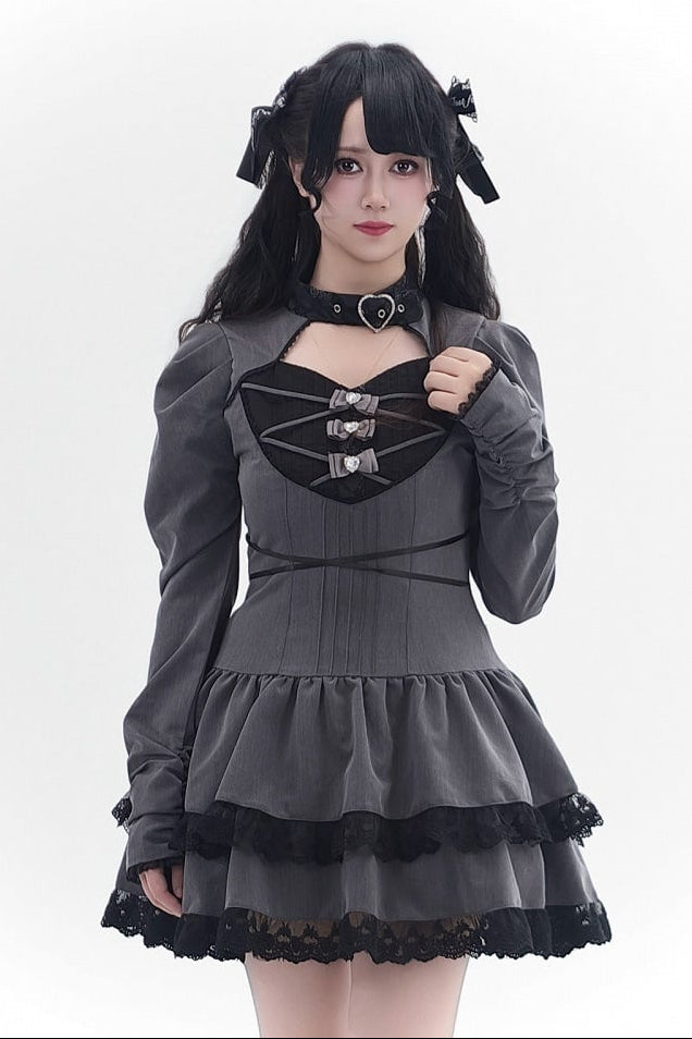 [Reservierungsschluss 28. September] Pink x Schwarz/Grau x Schwarz Gothic-Kleid mit herzförmigem Ausschnitt, Gürtelkragen, Spitzenbesatz und Schleifendetail