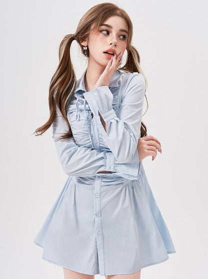 Voluminous Frilled Pleated Shirt Dress