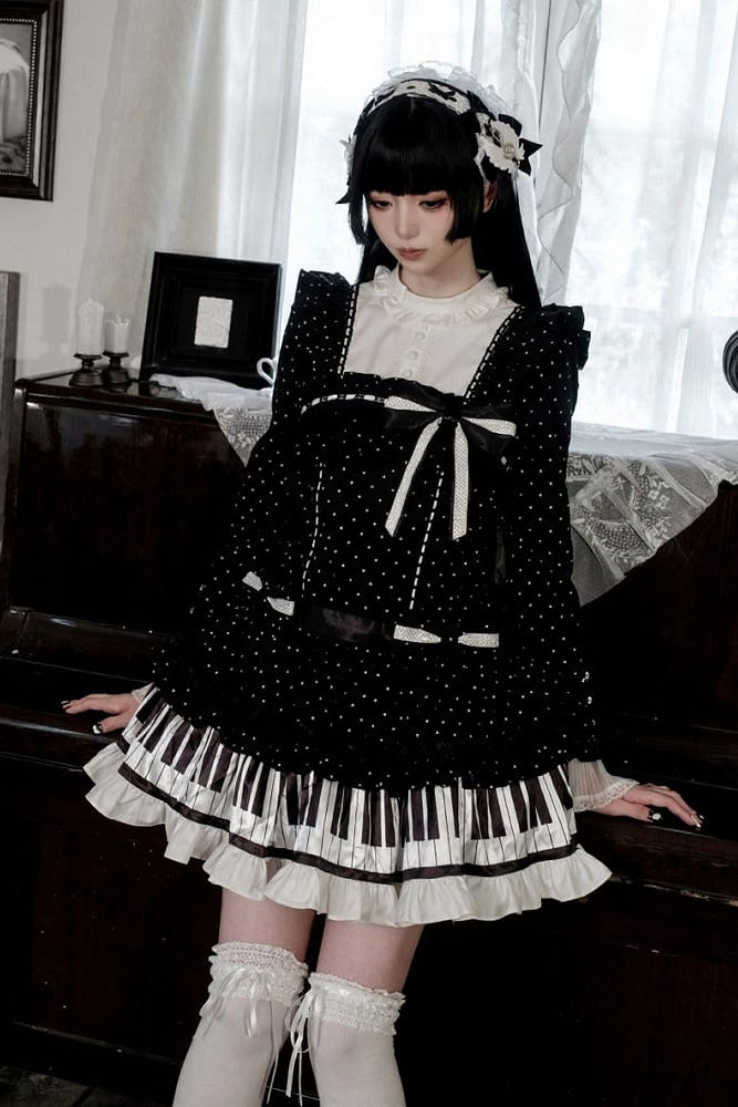 [Date limite de réservation : 22 octobre] Robe de poupée taille basse gothique Lolita à pois/noire avec touches de piano, nœud à volants