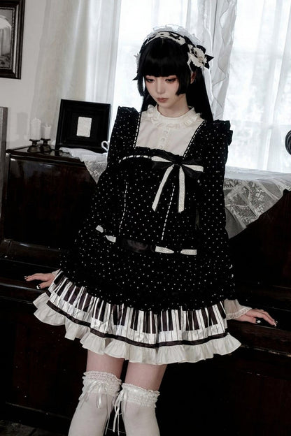 [Date limite de réservation : 22 octobre] Robe de poupée taille basse gothique Lolita à pois/noire avec touches de piano, nœud à volants