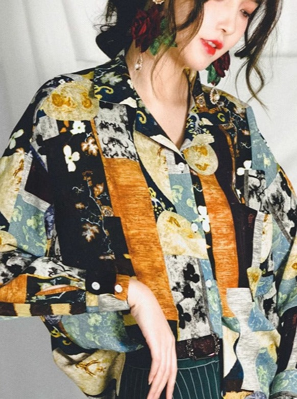 retro print loose shirt