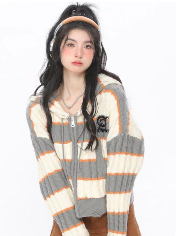 American Retro Striped Short Hooded Cardigan Knit