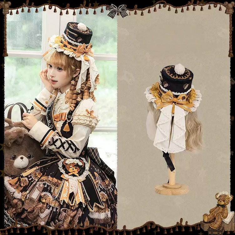 【9月8日予約締切】Vintage Teddy Bear Classic Lolita Series Accessories（Black Hat With Ribbon Train / Mini Hat &amp; Bear Ear KC With Ribbon Decoration / Bear Ear Bonnet / Brown Bear Brooch / Bear Embroidered Brooch）